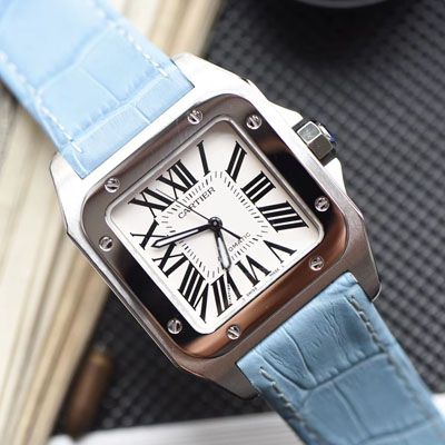 【视频评测】CARTIER卡地亚山度士W20106X8机械女士腕表（V6一比一超A精仿搭配蓝面表带）